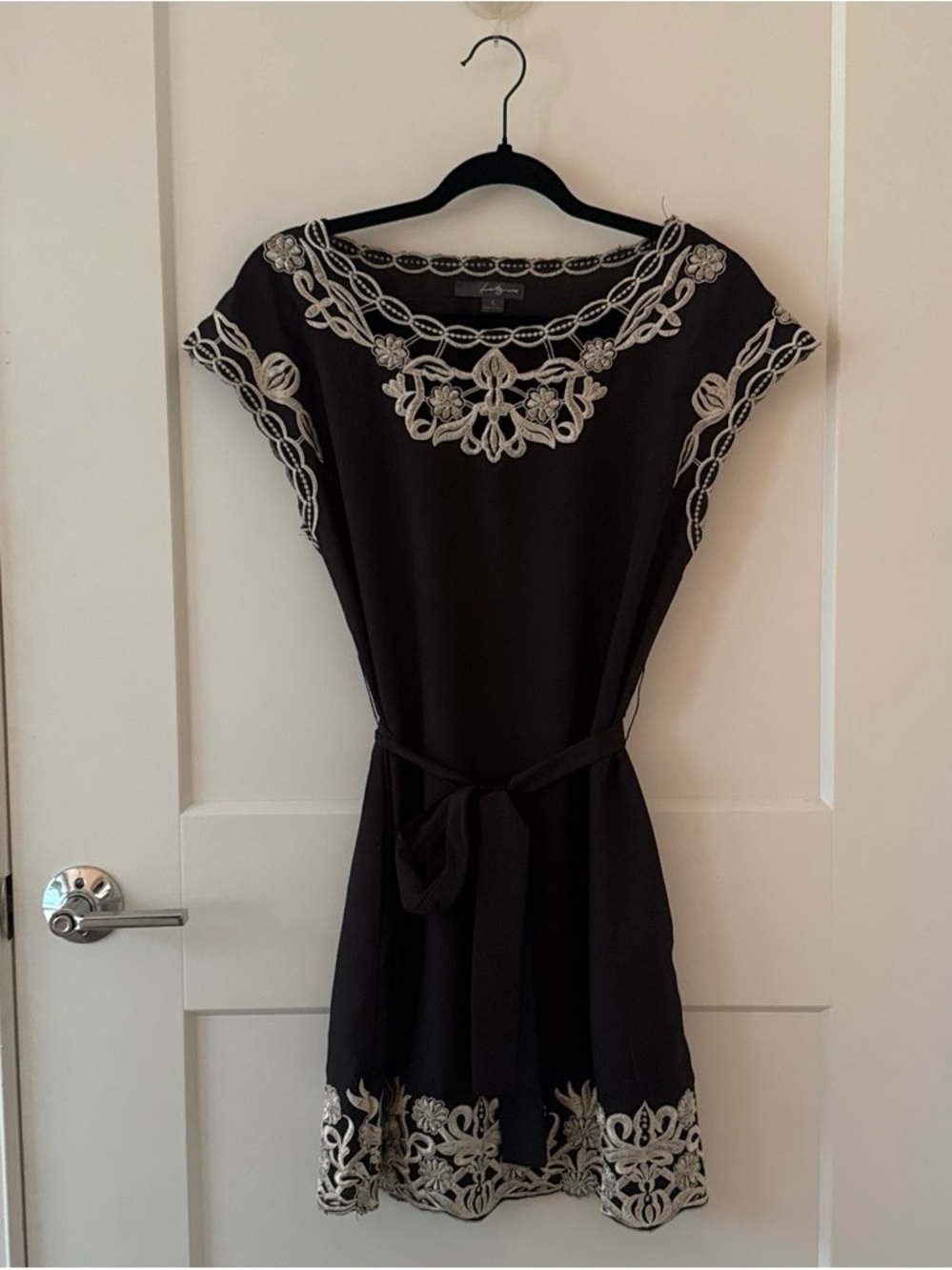 Black Mini Dress with Ivory Embroidered Trim